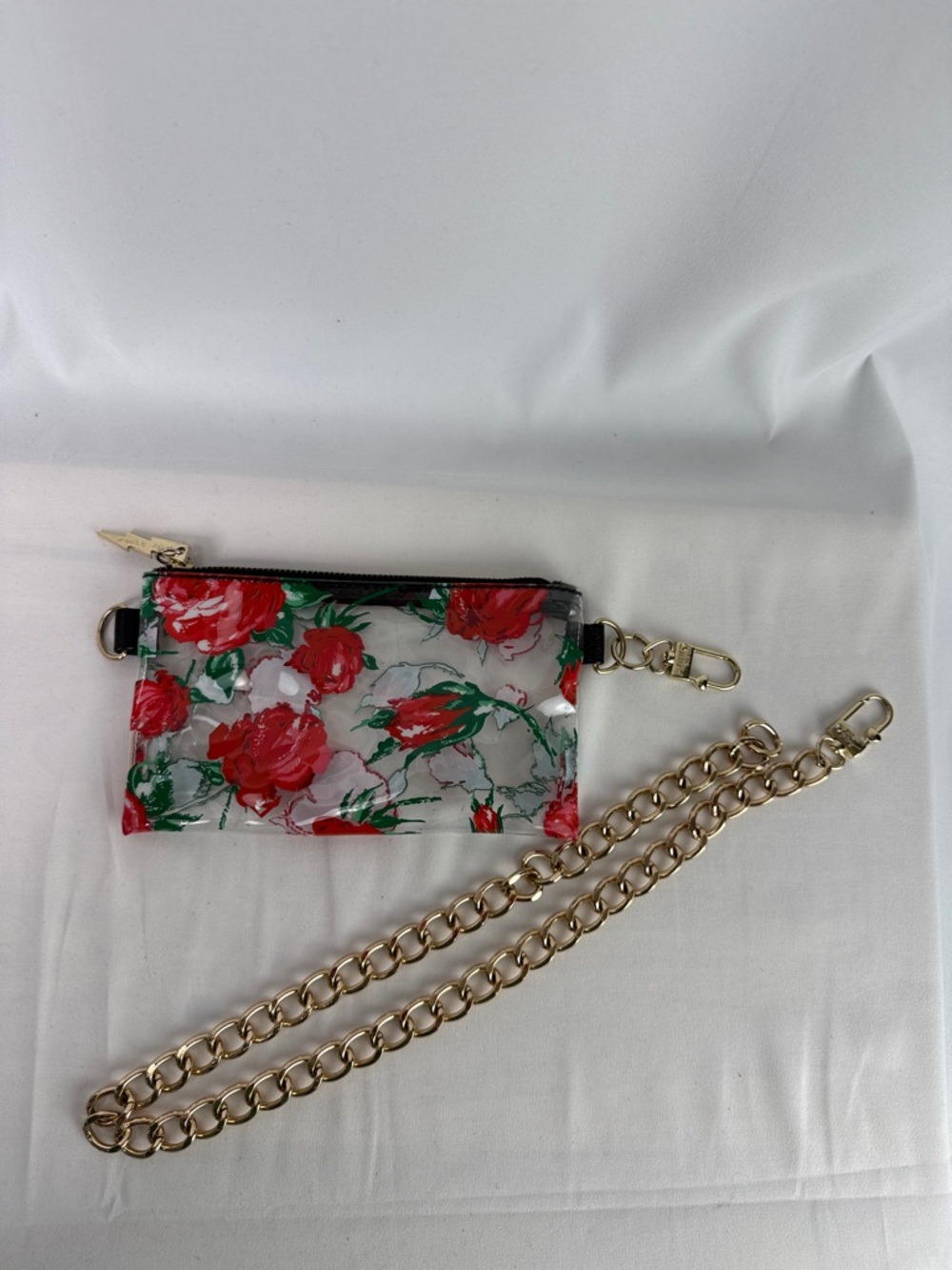 Betsey Johnson Clear Mini Bag with Red Floral Print and Gold Chain
